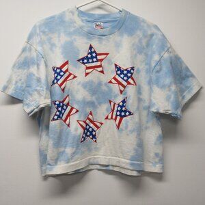 Vtg 80s Fruit of the Loom Tie Dye Puffy USA Patriotic Stars Cropped T Shirt OSFA